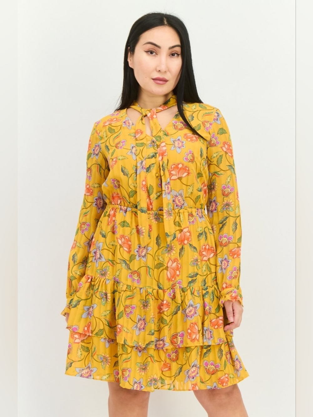 Floral Tie-Neck Yellow Tiered Dress